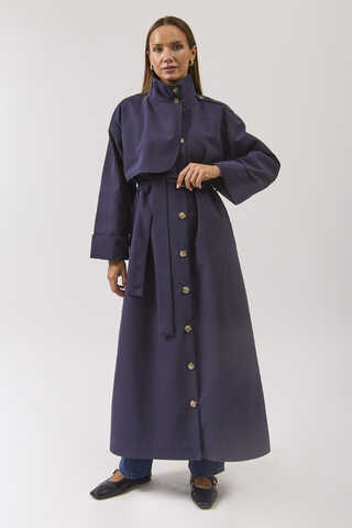 Cotton High Collar Buttoned Trenchcoat Navy - 15