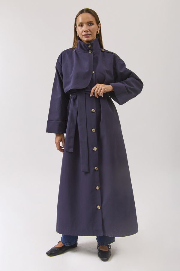 Cotton High Collar Buttoned Trenchcoat Navy - 15