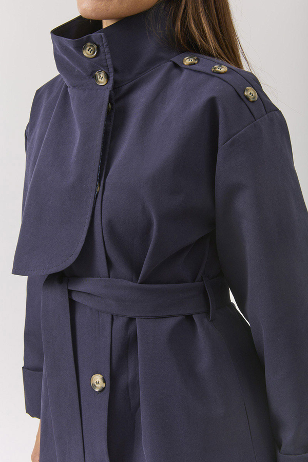 Cotton High Collar Buttoned Trenchcoat Navy - 16