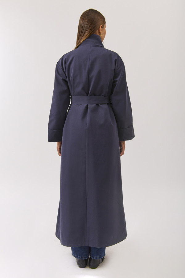 Cotton High Collar Buttoned Trenchcoat Navy - 17