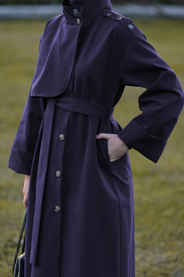 Cotton High Collar Buttoned Trenchcoat Navy - 4