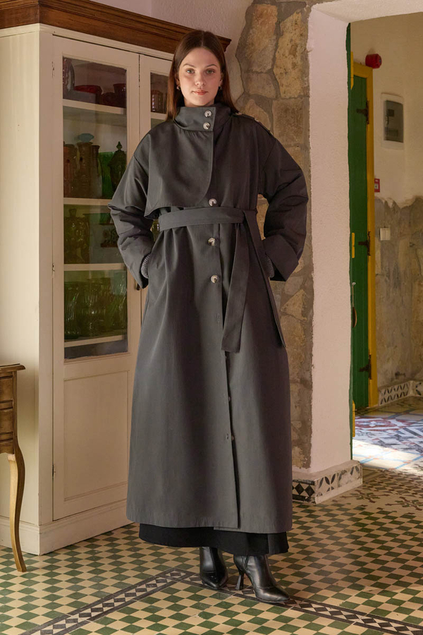 Cotton High-Neck Buttoned Trench Coat Anthracite