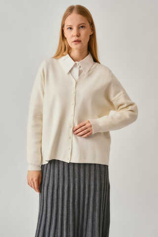 Crew Neck Premium Knit Cardigan Ecru - 1