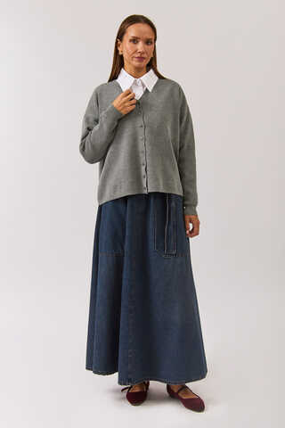 Crew Neck Premium Knit Cardigan Grey - 4