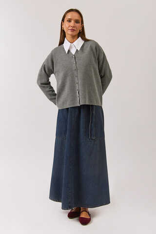 Crew Neck Premium Knit Cardigan Grey - 5