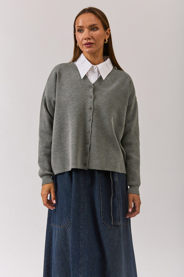 Crew Neck Premium Knit Cardigan Grey - 6