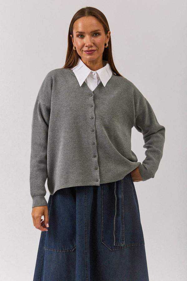 Crew Neck Premium Knit Cardigan Grey - 3