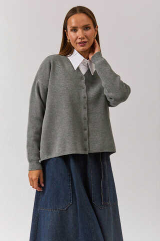 Crew Neck Premium Knit Cardigan Grey - 1