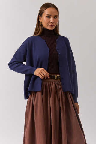 Crew Neck Premium Knit Cardigan Navy Blue - 1