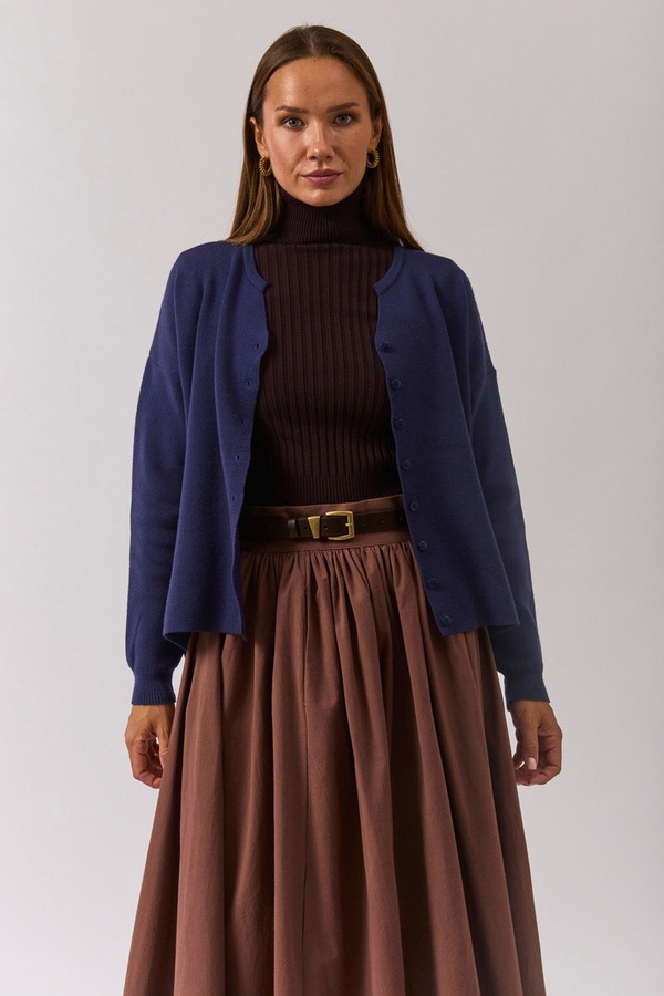 Crew Neck Premium Knit Cardigan Navy Blue - 8