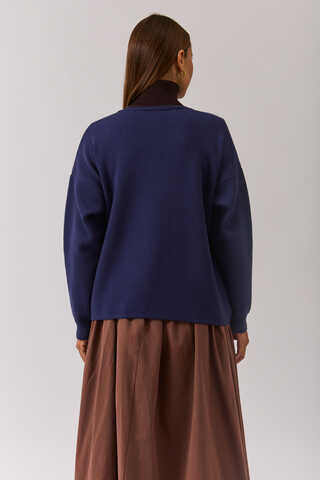 Crew Neck Premium Knit Cardigan Navy Blue - 9