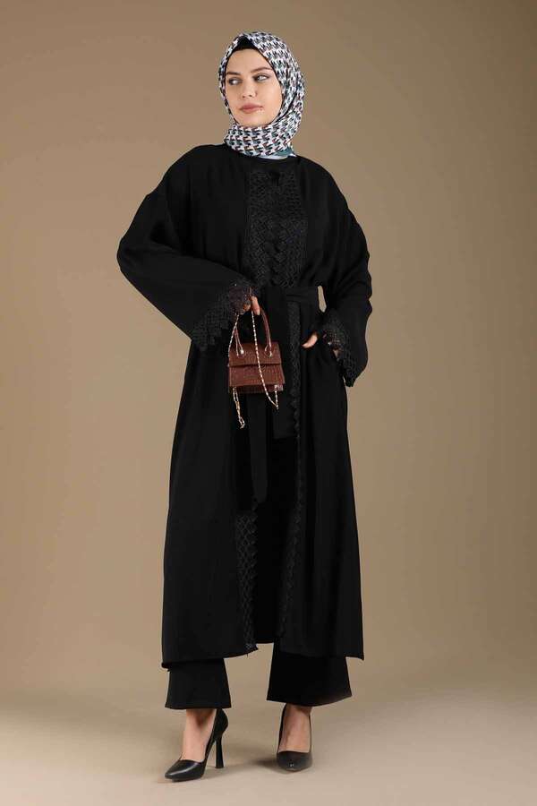 Zulays - Dantel Detaylı Abaya Takım Siyah