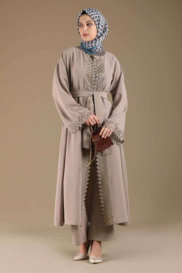 Zulays - Dantel Detaylı Abaya Takım Vizon