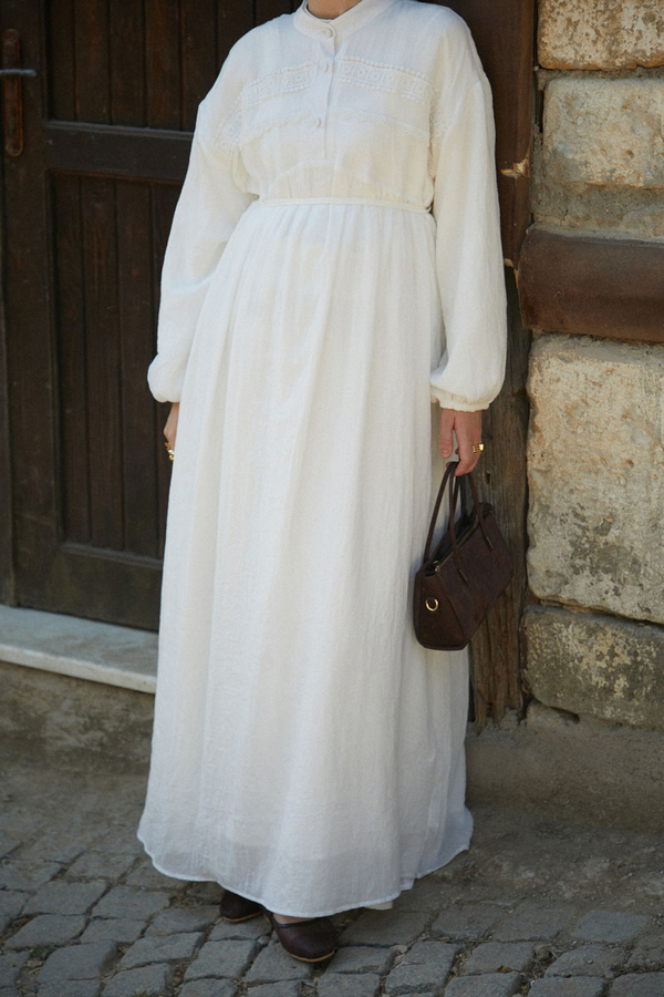 Dantel Robalı Elbise Beyaz - 9