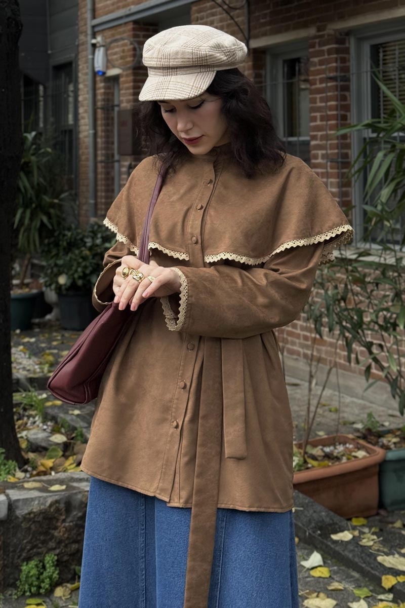 Dantelli Süet Gömlek Camel