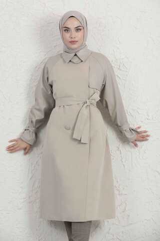 Deri Detaylı Trençkot Taş - 7