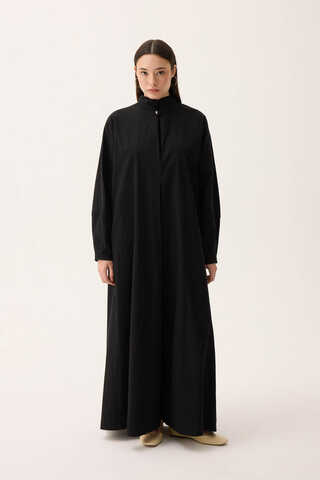 Dik Yaka Düğmeli Elbise Siyah - 2