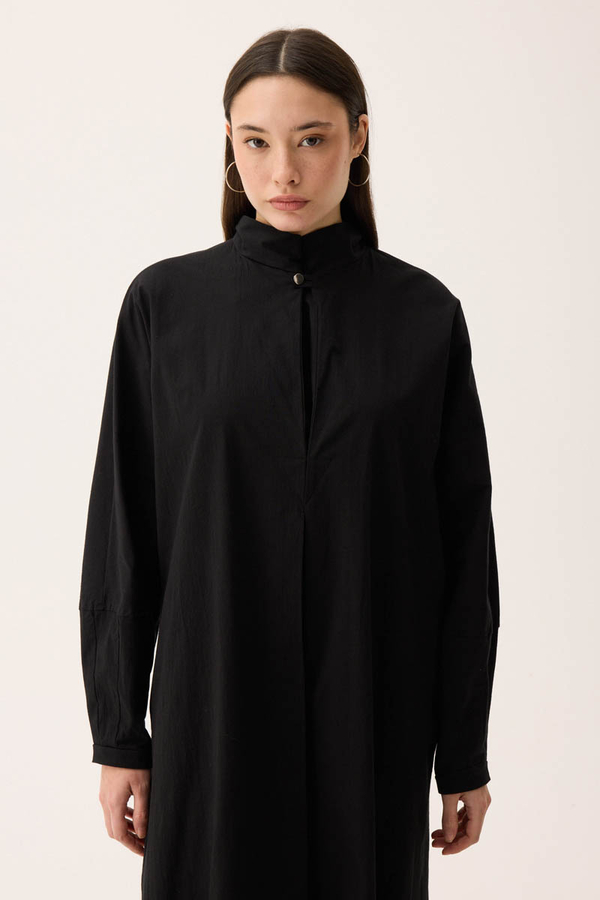 Dik Yaka Düğmeli Elbise Siyah - 3