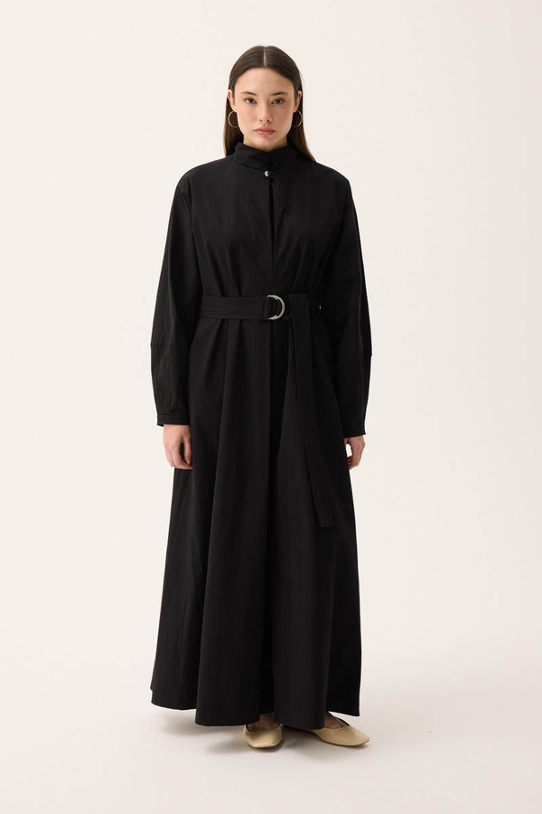 Dik Yaka Düğmeli Elbise Siyah - 1