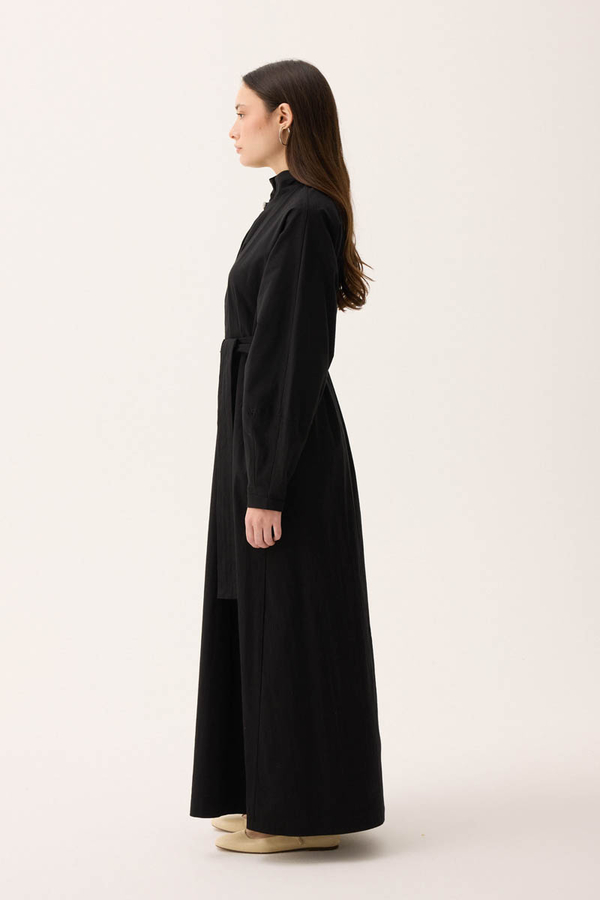 Dik Yaka Düğmeli Elbise Siyah - 5