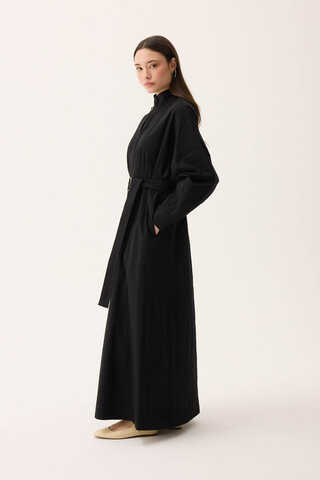 Dik Yaka Düğmeli Elbise Siyah - 7