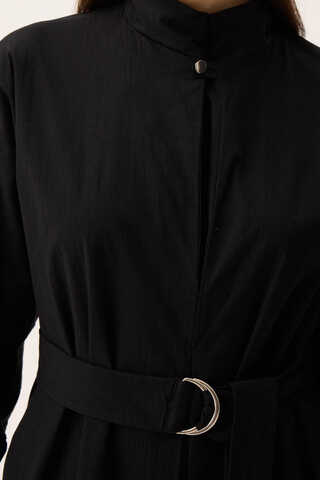 Dik Yaka Düğmeli Elbise Siyah - 11