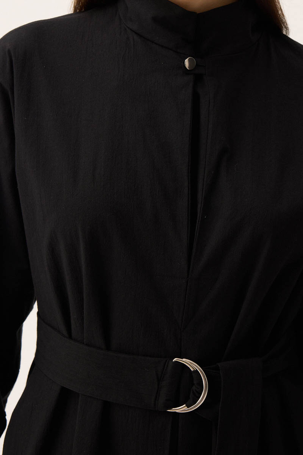 Dik Yaka Düğmeli Elbise Siyah - 11