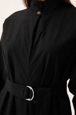 Dik Yaka Düğmeli Elbise Siyah - 12