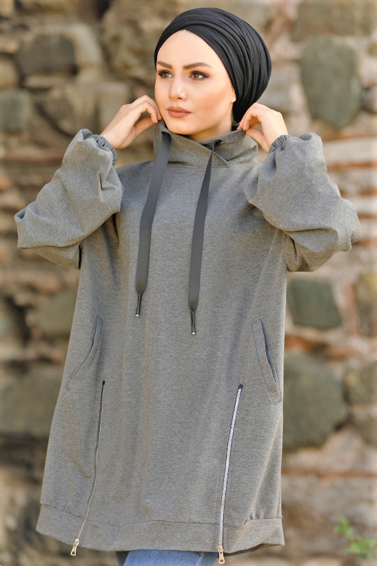 Zulays - Dik Yaka Fermuarlı Sweatshirt Açık Gri