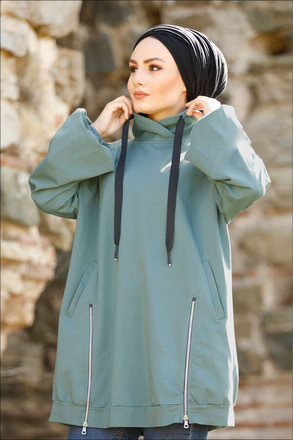 Zulays - Dik Yaka Fermuarlı Sweatshirt Mint