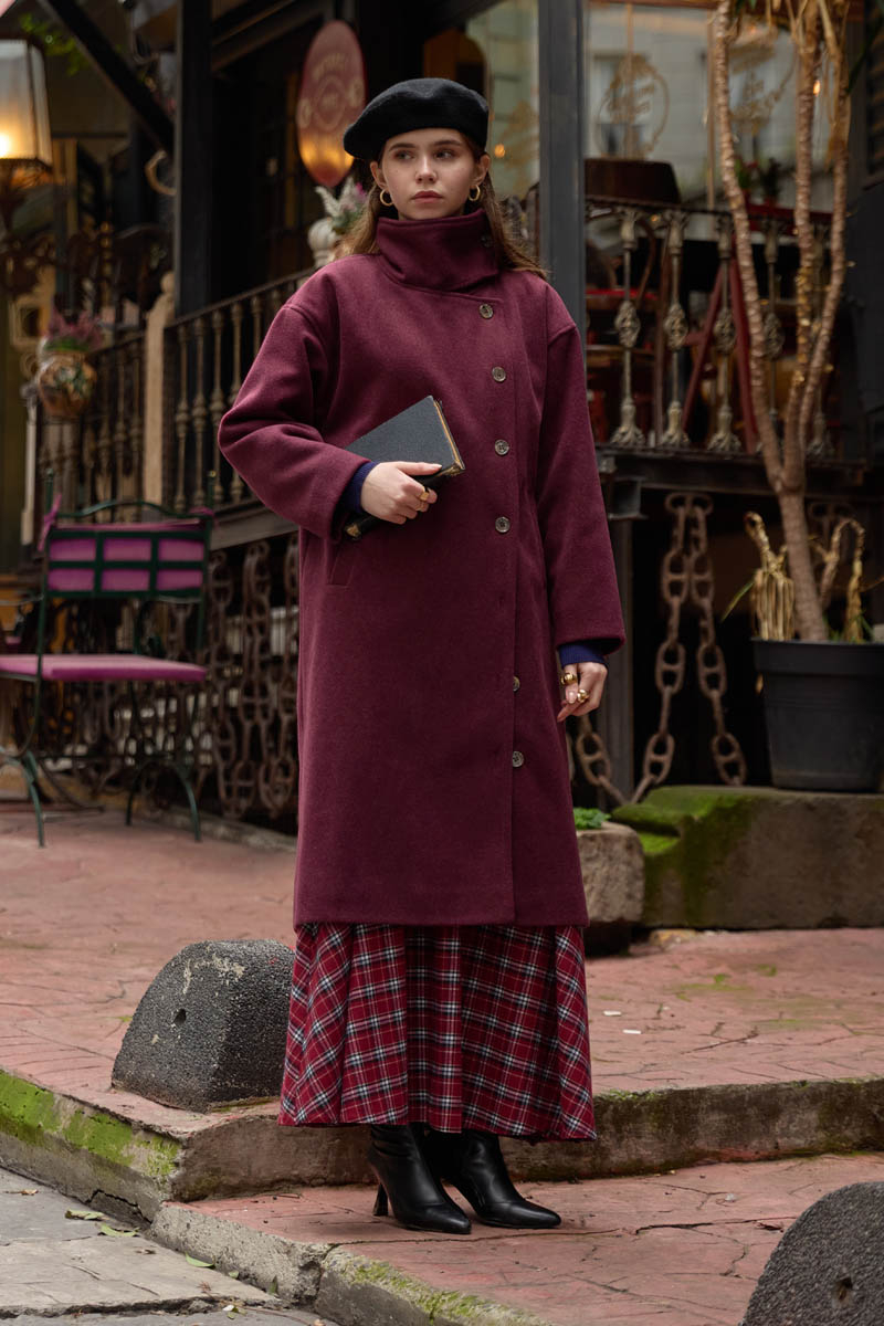 Dik Yaka Yünlü Kaban Bordo