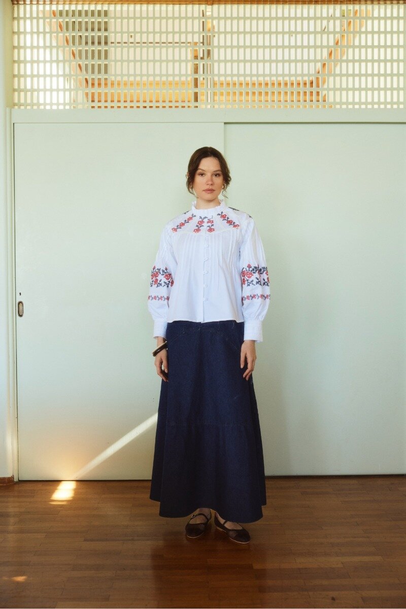 Dikiş Detaylı Denim Etek Koyu Mavi 