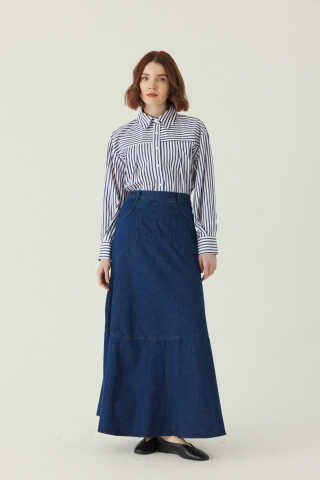 Dikiş Detaylı Denim Etek Mavi - 1