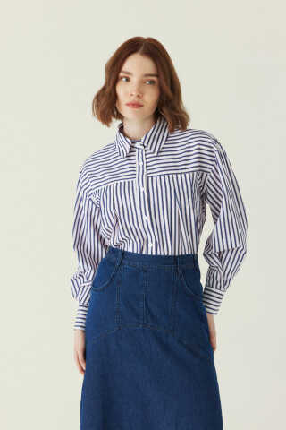 Dikiş Detaylı Denim Etek Mavi - 3