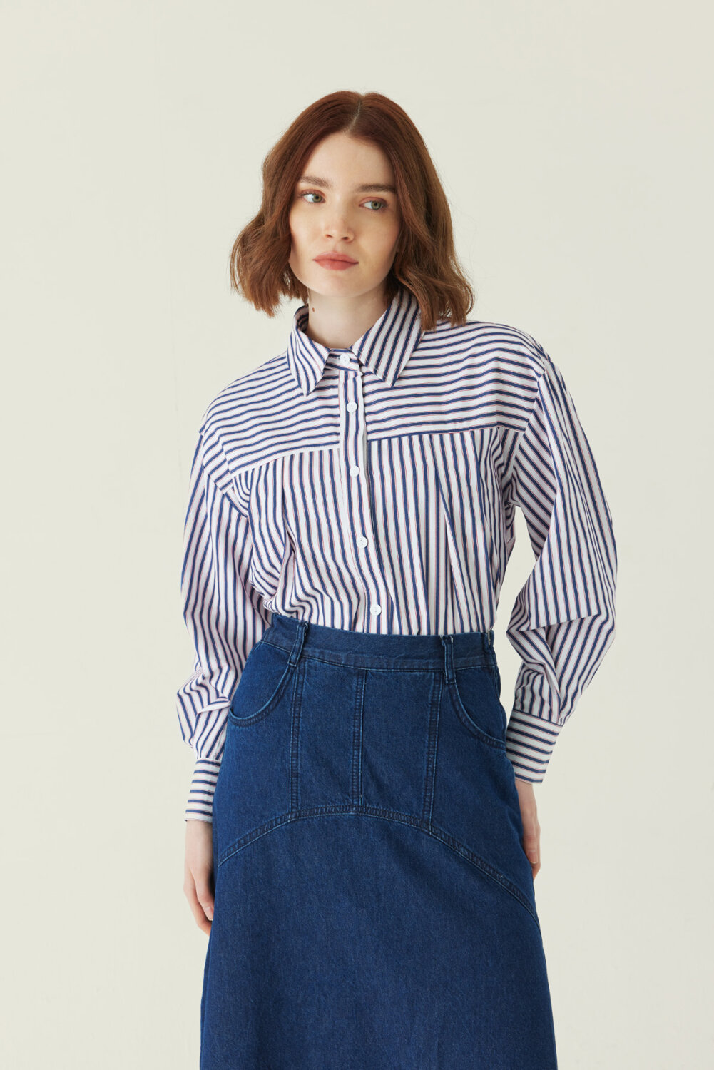 Dikiş Detaylı Denim Etek Mavi - 3