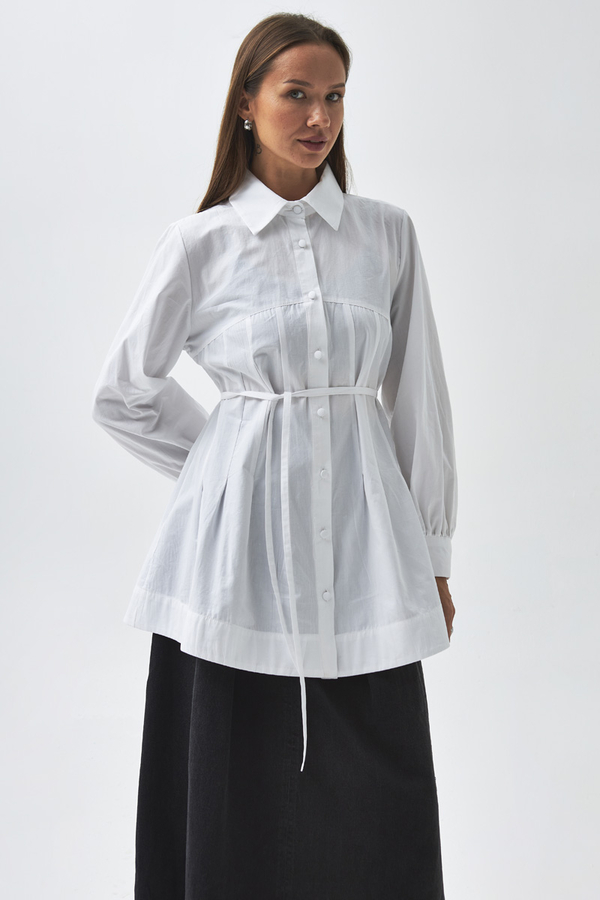 Dikiş Detaylı Robalı Gömlek Beyaz - 1