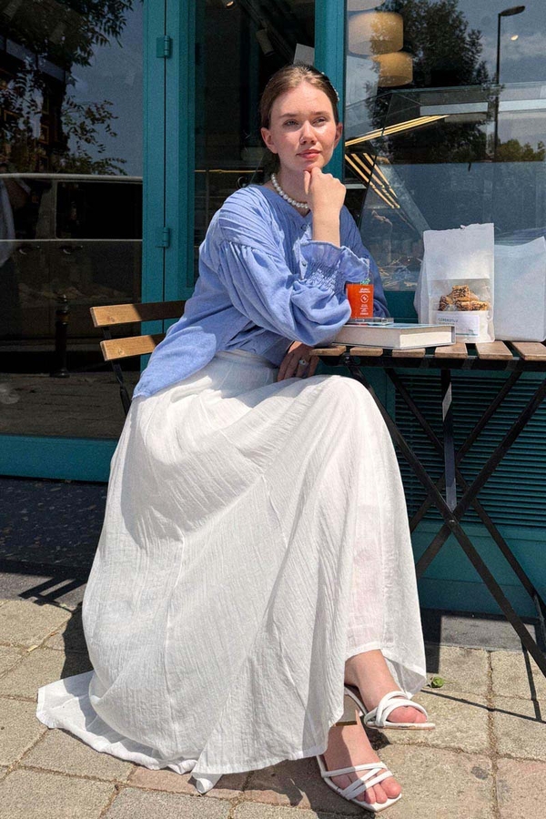 Dikiş Detaylı Salaş Etek Beyaz