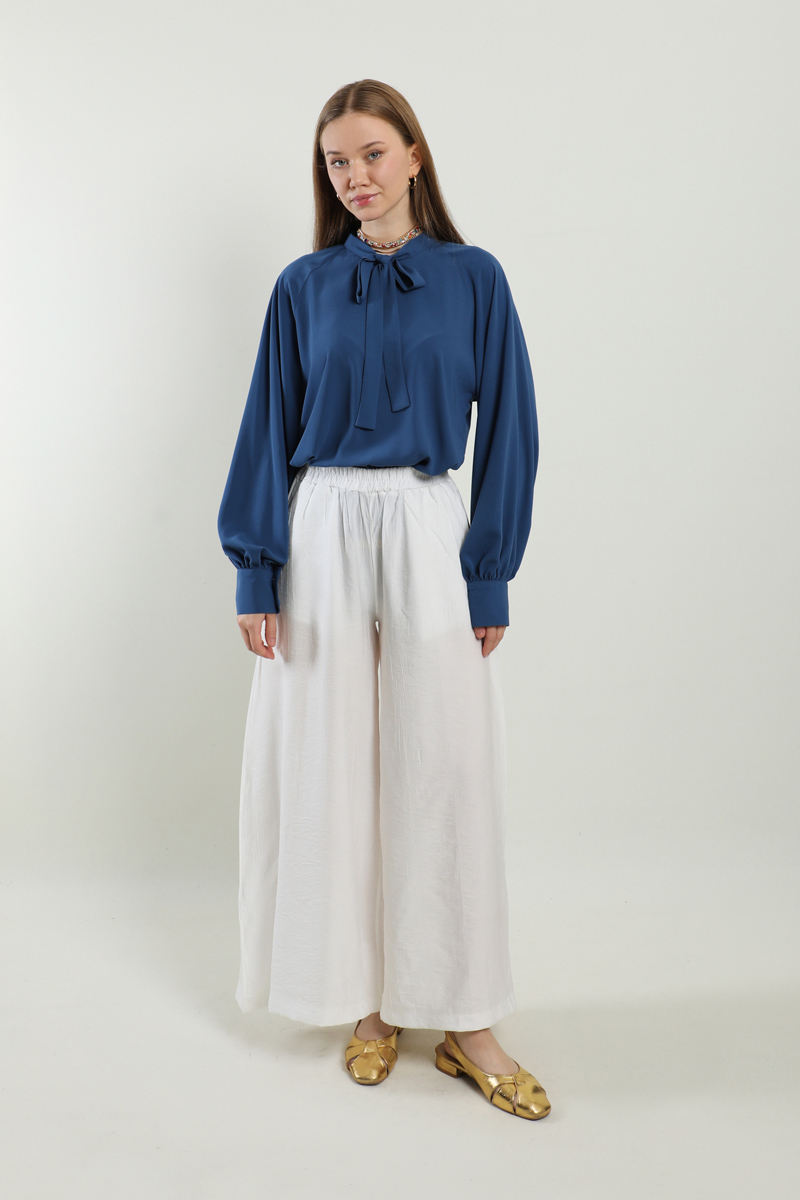 Dokulu Bol Paça Pantolon Beyaz