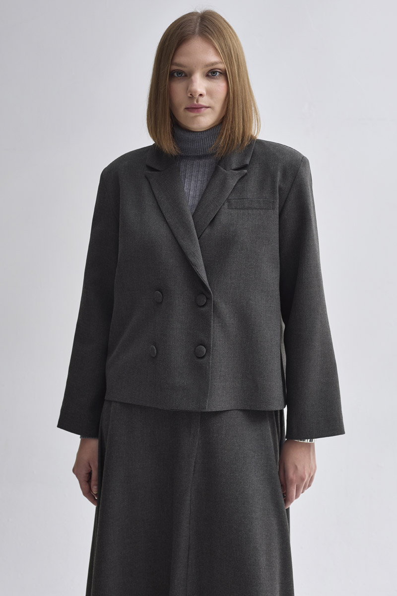 Double Breasted Short Blazer Jacket Anthracite