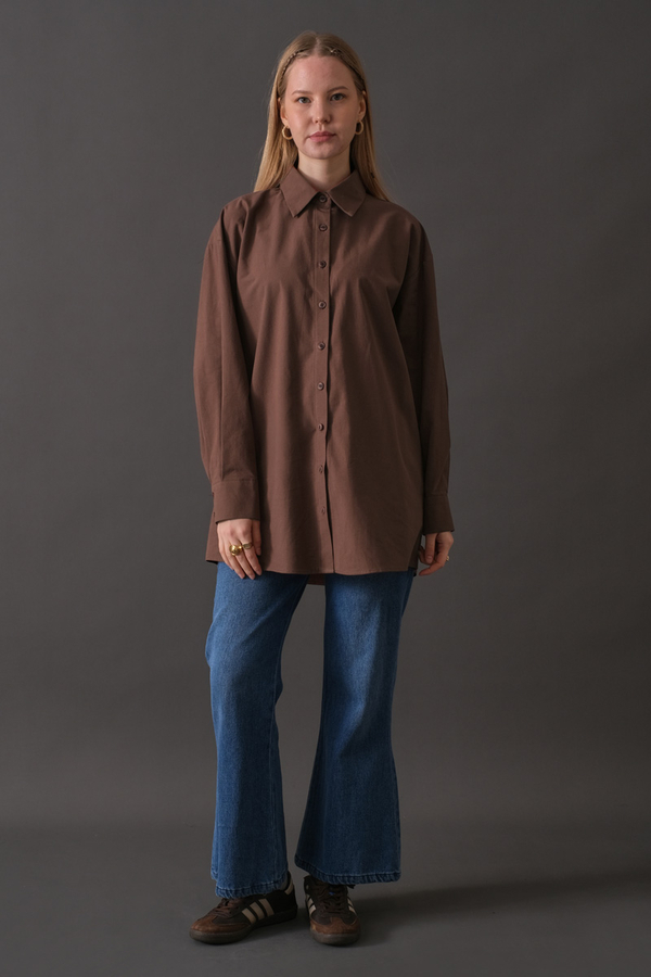 Drop-Shoulder Buttoned Shirt Brown