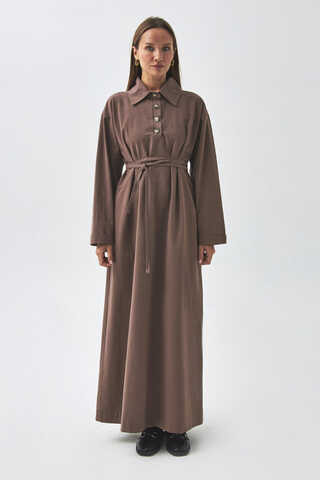 Dropped Shoulder Buttoned Dress Brown - 7