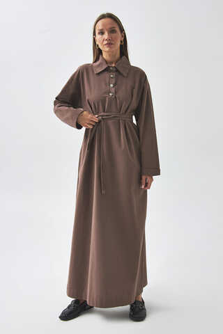 Dropped Shoulder Buttoned Dress Brown - 8