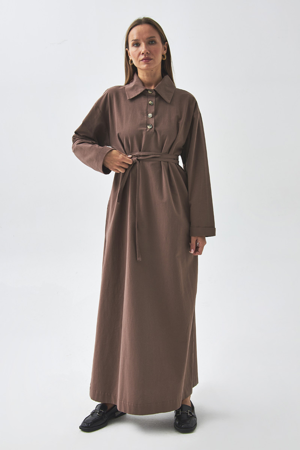 Dropped Shoulder Buttoned Dress Brown - 8