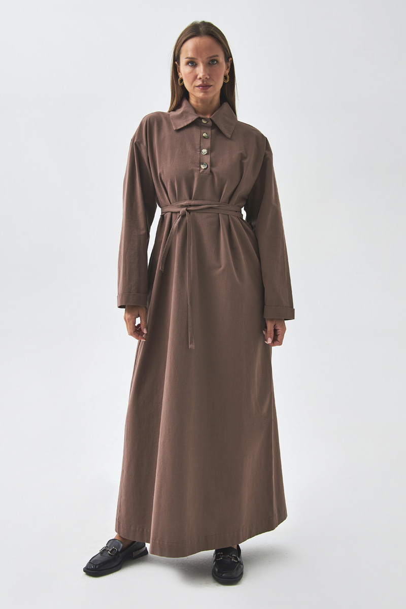 Dropped Shoulder Buttoned Dress Brown