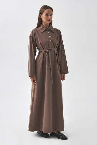 Dropped Shoulder Buttoned Dress Brown - 9