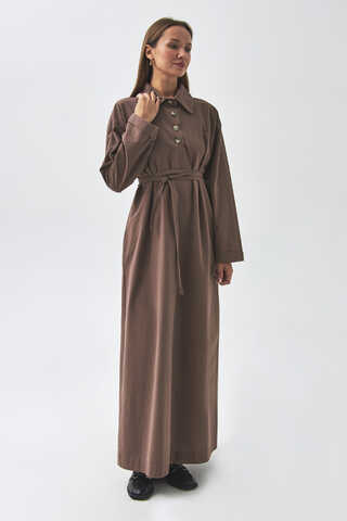 Dropped Shoulder Buttoned Dress Brown - 10