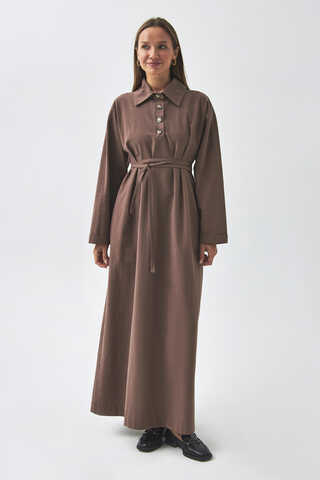 Dropped Shoulder Buttoned Dress Brown - 11