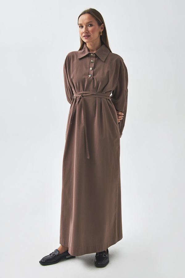 Dropped Shoulder Buttoned Dress Brown - 12