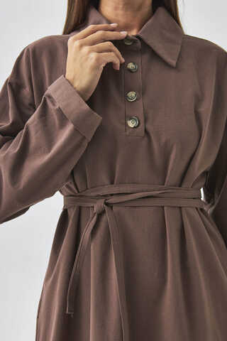 Dropped Shoulder Buttoned Dress Brown - 2