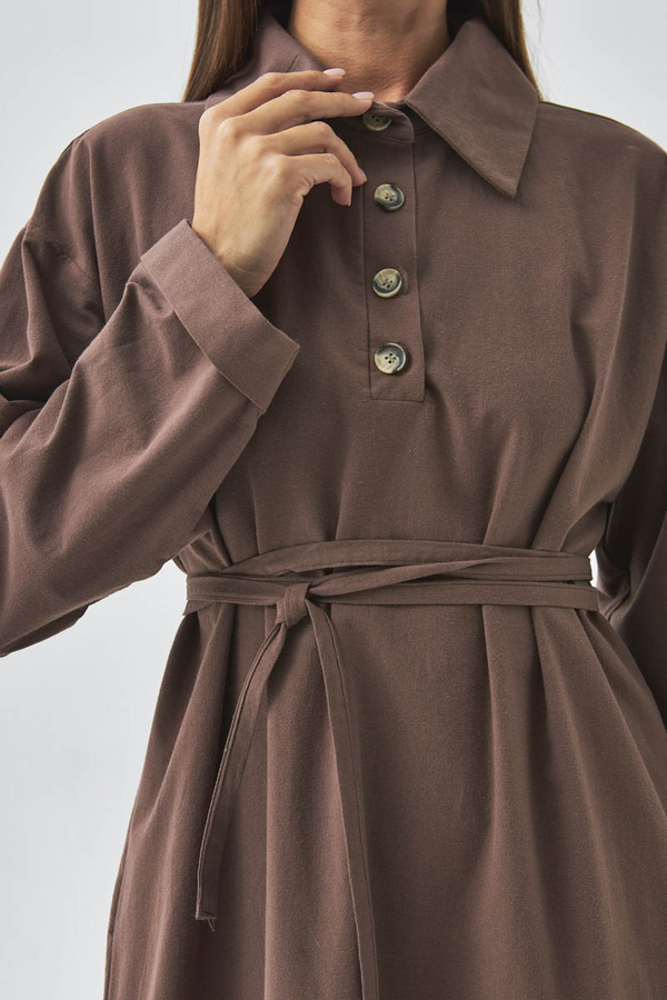 Dropped Shoulder Buttoned Dress Brown - 2